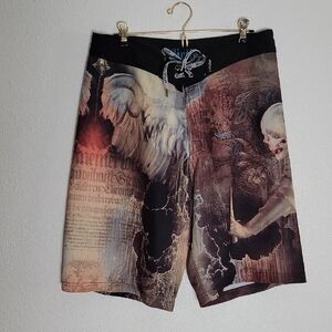 Affliction Swim Trunks Board Shorts Skate Y2k Grunge Streetwear Goth Skulls 34
